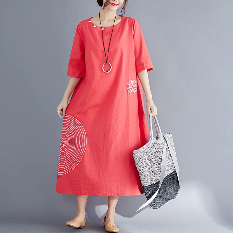 EaseHut, женское этническое платье, Круглый Круг, вышивка, половина рукава, о-образный вырез, карманы, свободное, мешковатое, негабаритный халат, винтажные длинные платья