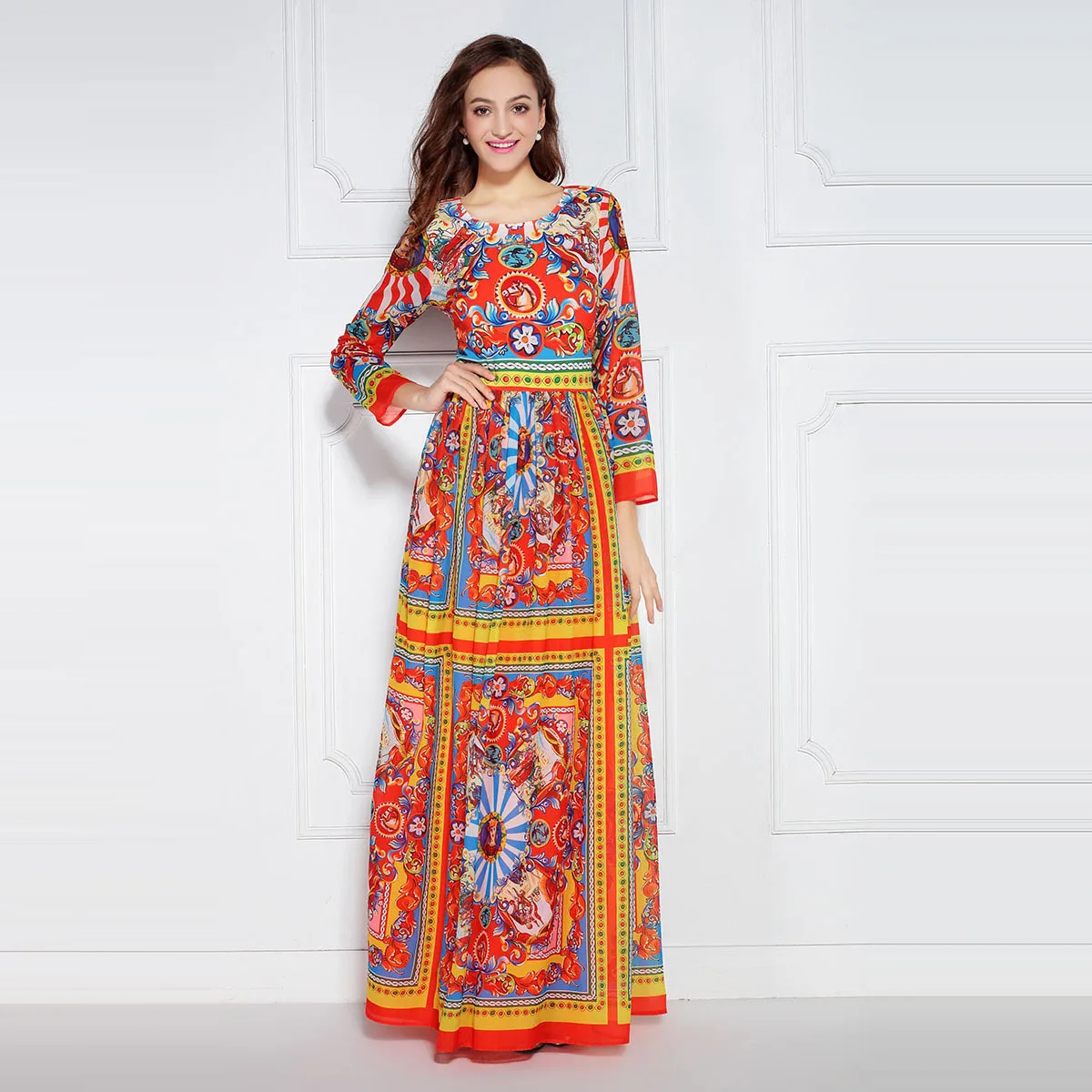 Elegant Muslim Women Dresses Fashion Summer Ethnic Print Long Dress ...