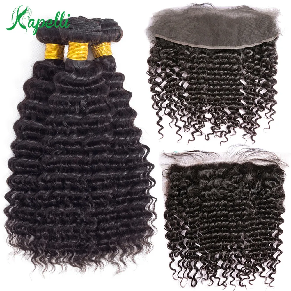 

Deep Wave Human Hair 3/4 Bundles With Frontal Brazilian Hair Weave Bundles With Lace Frontal Closure 13*4 With Baby Hair Remy