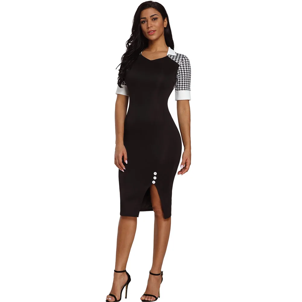 

2019 summer ladies dresses Houndstooth sleeve Patchwork Black Office bodycon dress Sheath Dress casual sundress vestido