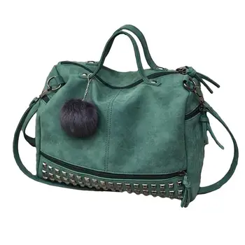 

Hot!!! Women Rivets Pompon Pendant Faux Leather Tote Crossbody Shoulder Bag