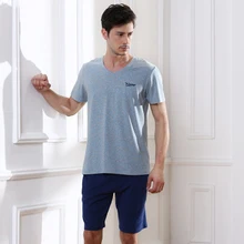 Хлопковые летние мужские пижамы с коротким рукавом, домашняя одежда с круглым вырезом, полосатая Мужская Ночная одежда, мужская пижама