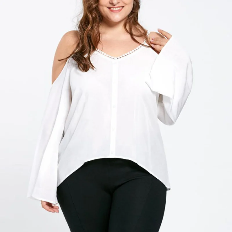

Lace Strap Strapless Plus Size Long Sleeve White Solid Color Shirts for Women 2019 Fashion Simple Office Casual Shirt for Female