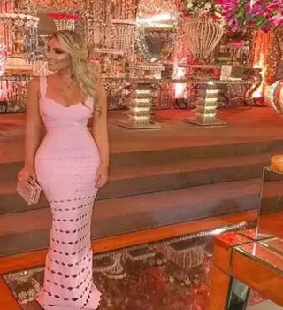 

Pink Color Ladies HL Bandage Dress Floor Length Elegant Evening Party Dress Sexy Hollow Out Dance Party Dress Top Quality