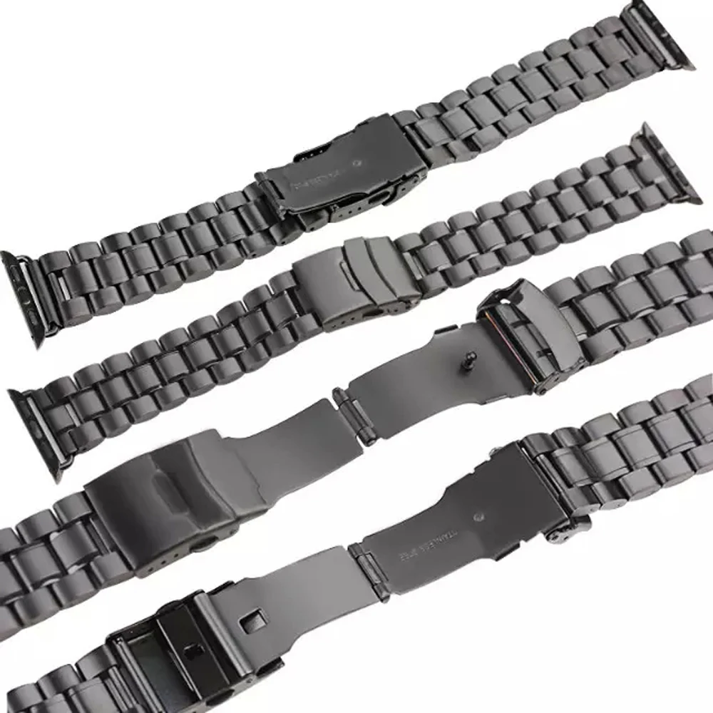 38/42mm Stainless Steel Men's Watch Band 5 Beads Fold Clasp Black