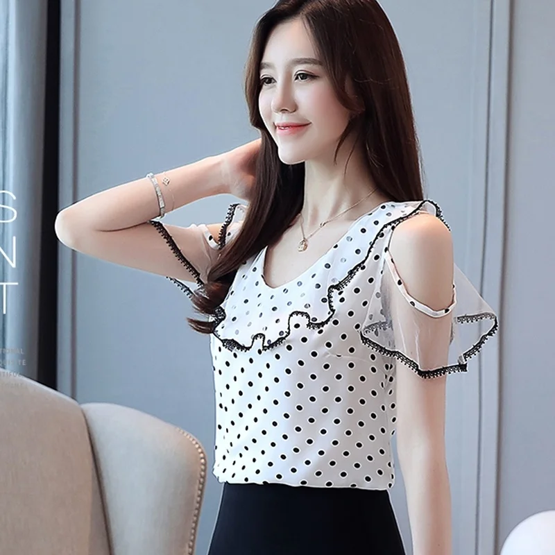

Women's Blouse Summer Mesh Stitching Chiffon Short Sleeve Shirt Wave Point Lotus Leaf Lace Shirt Blusas 2019