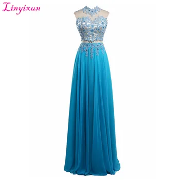 

Linyixun Real Photo New Arrival Beaded Two Pieces Prom Dresses 2017 Sleeveless Long Evening Dress For Graduation Vestidos Longos