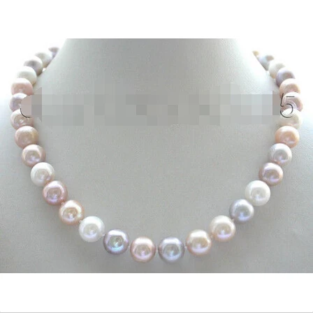 

18" Natural 12mm Multicolor Round Pearl Necklace 925sc! ^^^@^Noble style Natural Fine jewe SHIPPING (C0309)