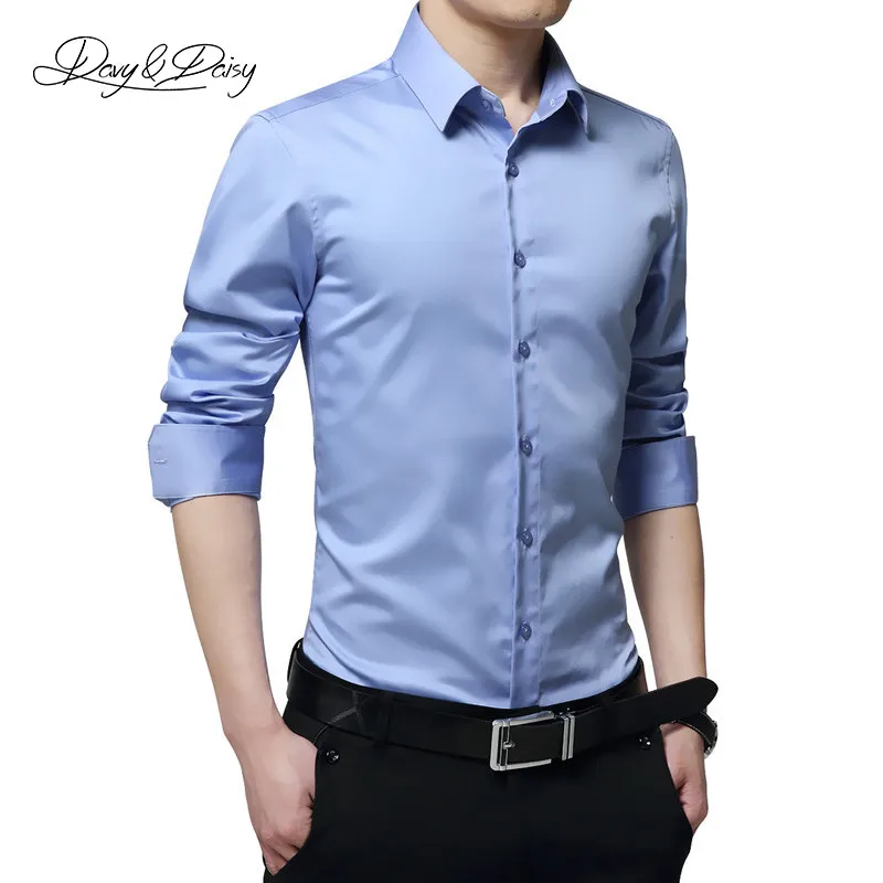 DAVYDAISY, высокое качество, новинка, хлопок, мужская рубашка с длинным рукавом, однотонная, брендовая, повседневная, деловая рубашка, мужская рубашка DS060 - Цвет: Light Blue