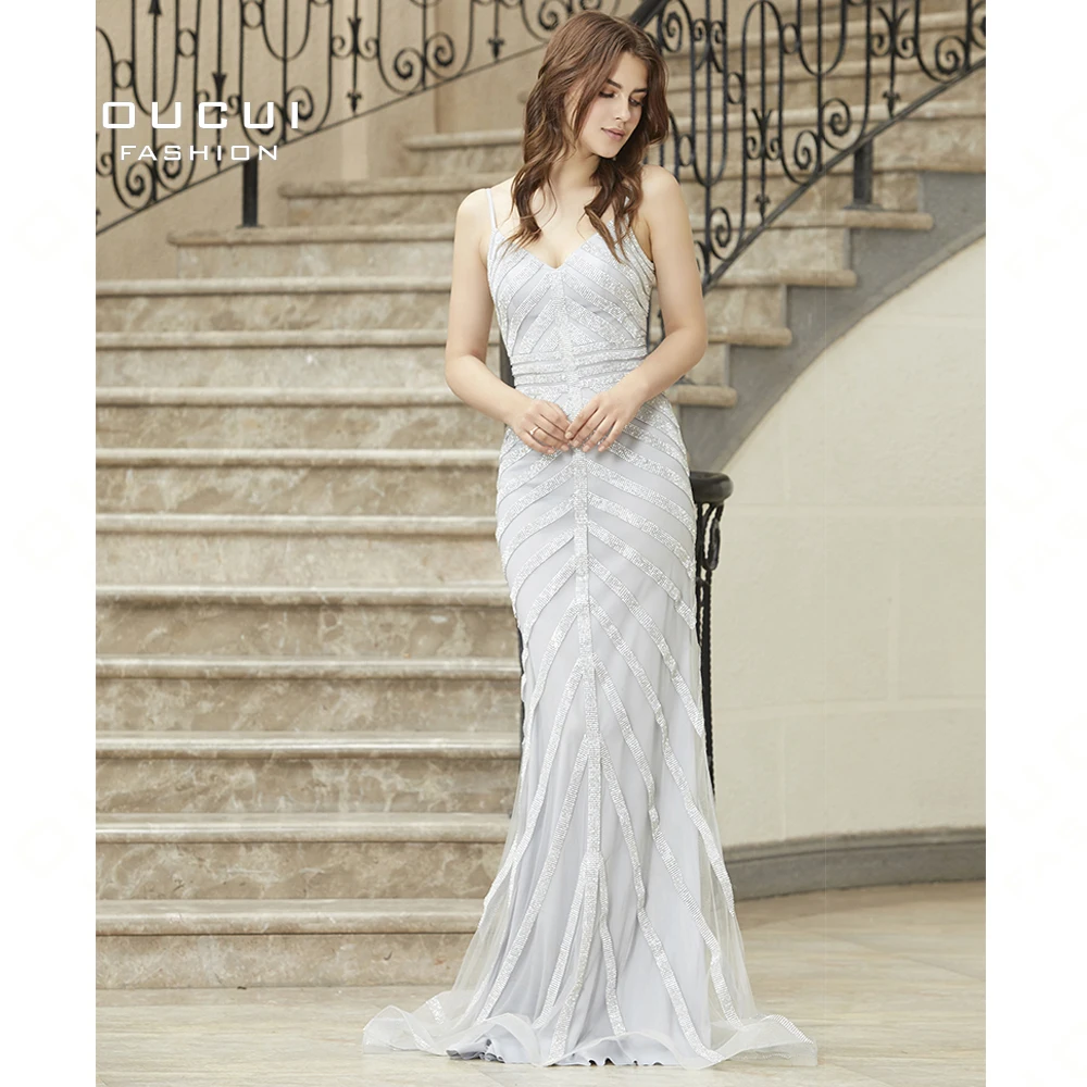 

Real Photos Spaghetti Strap V-Neck Long Gown Sparkling Formal Evening Occasion Dresses OL103107