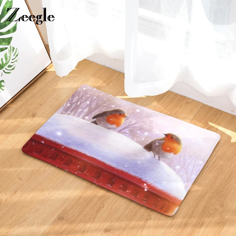 

Zeegle Winter Bird Printed Corridor Mats Flannel Bedroom Carpet Home Decor Anti-slip Bath Mat Absorbent Kitchen Floor Rugs