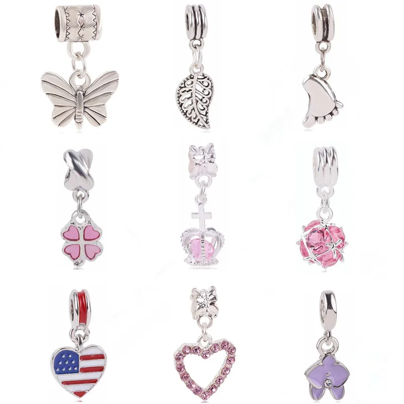 

Ranqin Original Silver Charm Pink Crown Butterfly Leaf Pink Crystal Beads Fit Pandora Charms Bracelets DIY Women Jewerly