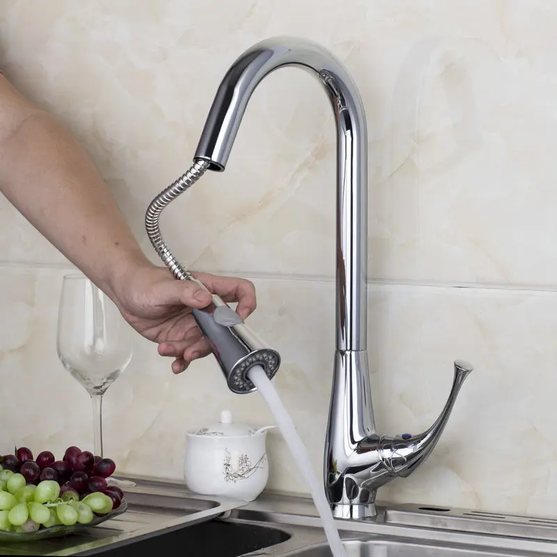 8527 877 Luxury Polished Chrome Finished Deck Mounted Single Handle Pull Out Spray Kitchen Sink Faucet