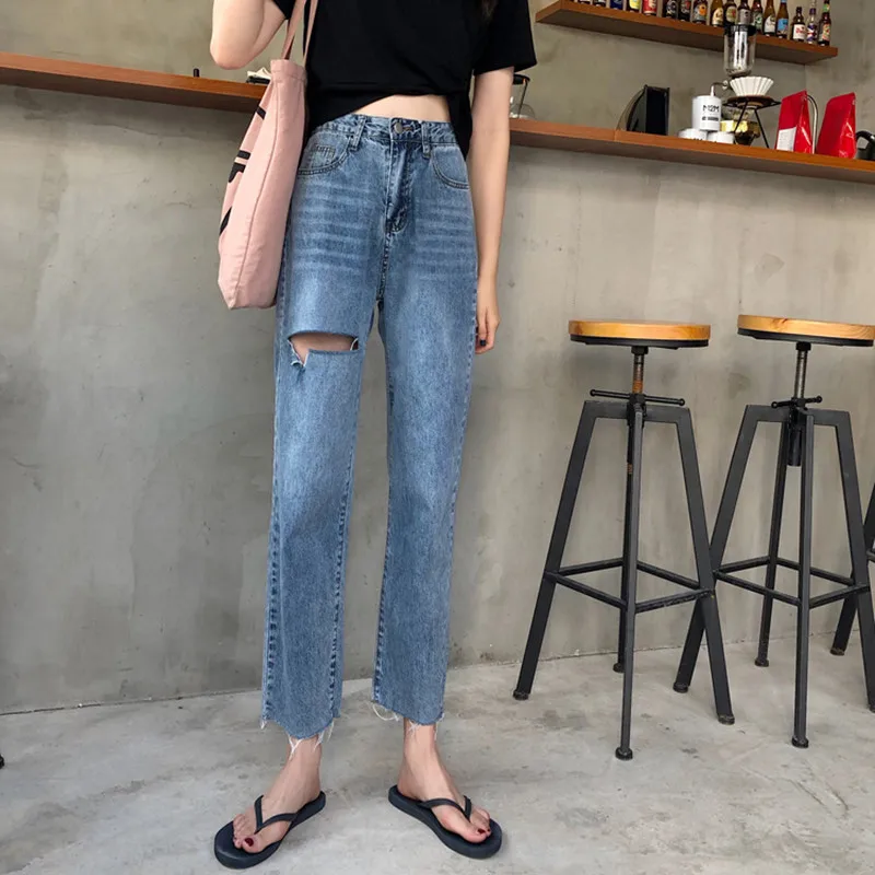 

S-XL autumn korean style High Waist ripped jeans Lady Casual straight denim light blue jeans womens mom jeans womans (78213)
