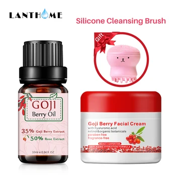 

Goji Cream Anti Aging Day Creams Moisturizers Skin Whitening Remove Deep Wrinkle Line Hyaluronic Acid Oil + Face Cleansing Brush