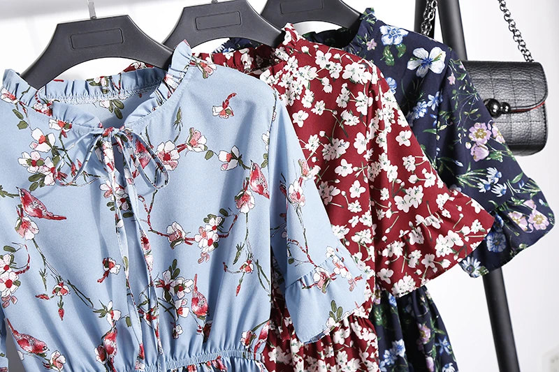 2018送料無料新ファッション花柄シフォンサマードレス甘い薄いスリム女性のワークウェアプリントドレスカジュアルかわいいホット