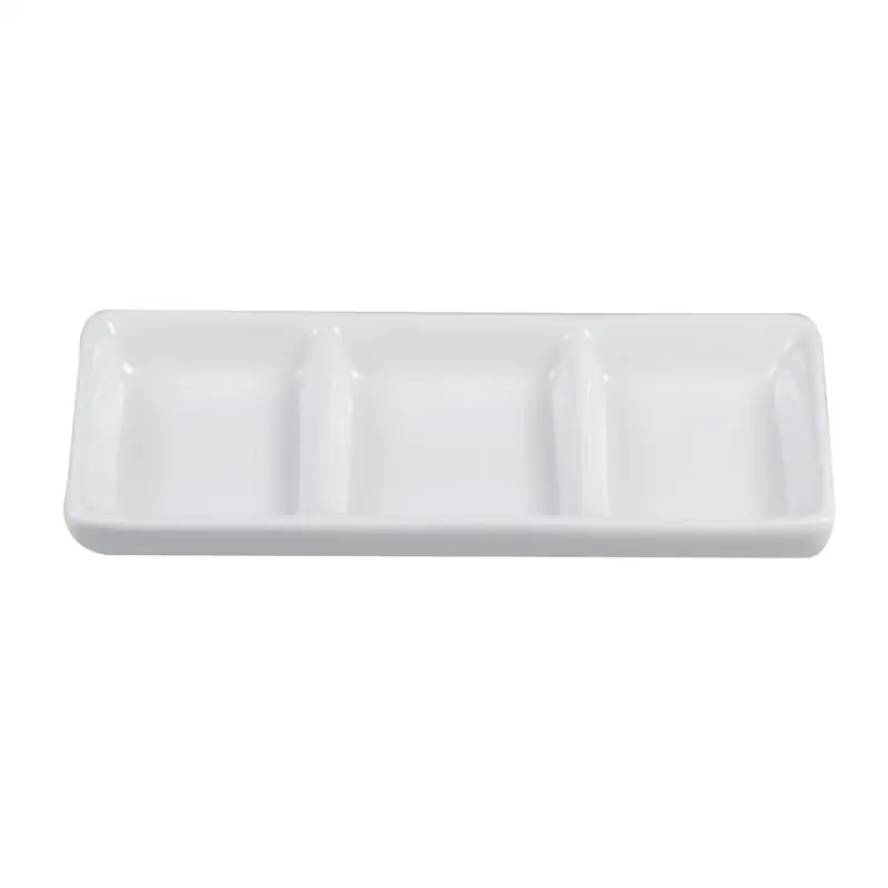 6 / 8.5 Inch Pure White Ceramic 3-Compartment Appetizer Serving Tray Rectangular Divided Sauce Dishes for Spice Dish Soy Sauce