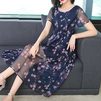 

Plus Size Dress Summer Women 2019 New Fashion Printed Round Neck Loose A-Line Fake Silk Midi Casual Dress Female S-3XL