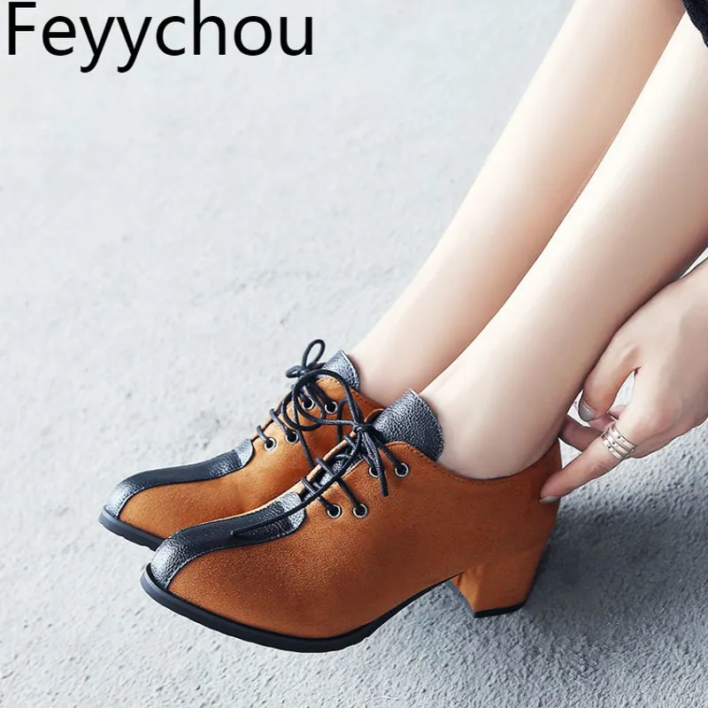 

Women Pumps Med Heels Spring Autumn Round Toe Lace Up Thick Heel Flock Mixed-colors Basic 2019 Sexy New Fashion Casual Black