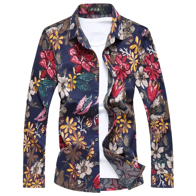High Quality New Men Floral Shirt Men Fashion Casual Long Sleeve Flower