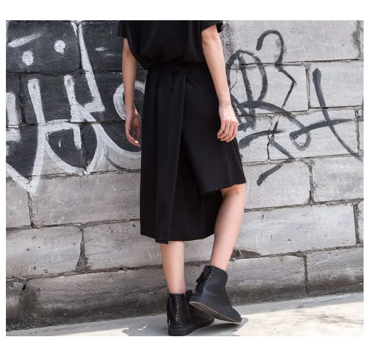 Уличная одежда с высокой талией, широкие брюки, Женская Асимметричная юбка, сплайсированные тонкие брюки до колена