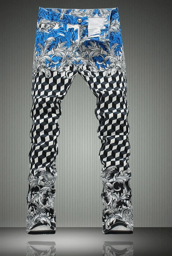 

Fashion New Patchwork Plaid Print Men Trousers Fashion Flower Print Jeans