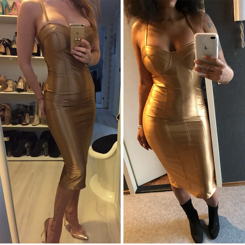 gold Spaghetti Strap Back Split Bodycon Midi Dress
