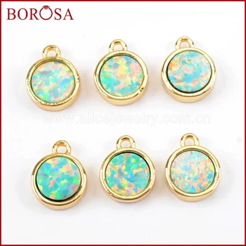 

BOROSA New Design 10PCS Round Shape Japanese Opal Charm Gold Color White Opal Bezel Pendant Bead Charms Man-made Opal ZG0262