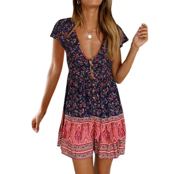 

Women Boho Floral Print Mini Dress Summer Short Sleeve Beach Sexy Deep V Neck Button Party Dress Vestido Summer Style