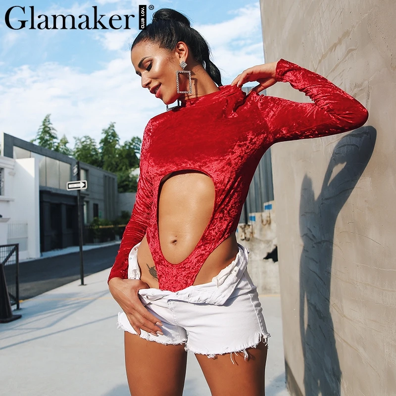 Женский бархатный комбинезон Glamaker красный с длинными рукавами и высоким воротом