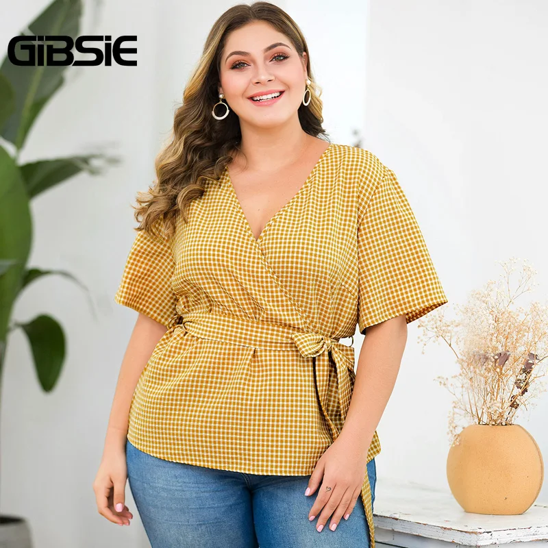 

GIBSIE Plus Size Elegant Wrap V-Neck Plaid Shirt Top With Belt Women Short Sleeve Clothing Female Big Size OL Summer Blouse