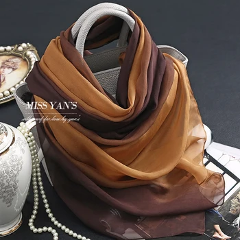 

Genuine Silk Women Scarf Fashion Classic Coffee Yellow Gradient Scarves Summer Autumn Winter Good Quality Necklace Shawl