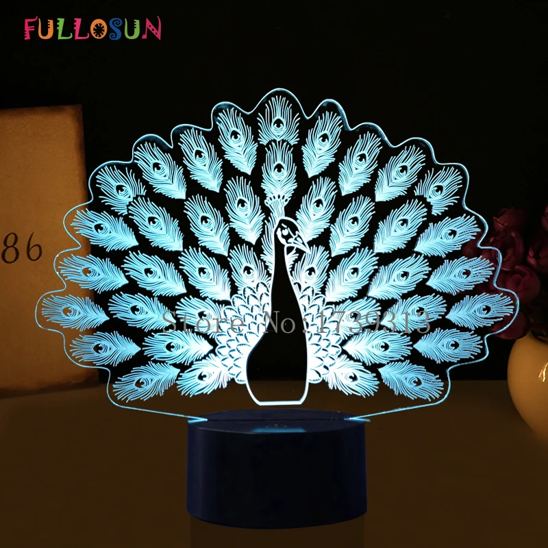 3D иллюзия Павлин Светодиодные ночники романтическую атмосферу 3D ночника 7 цветов изменить светодиодный сенсорный подсветка кнопки для