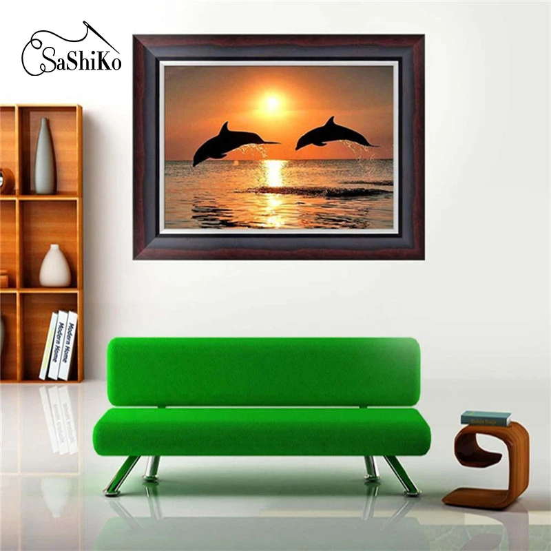 

Sashiko DIY 5D Diamond Painting Dolphins Sunset Cross Stitch Diamond Embroidery Patterns Home Decoration Stitch Mosaic