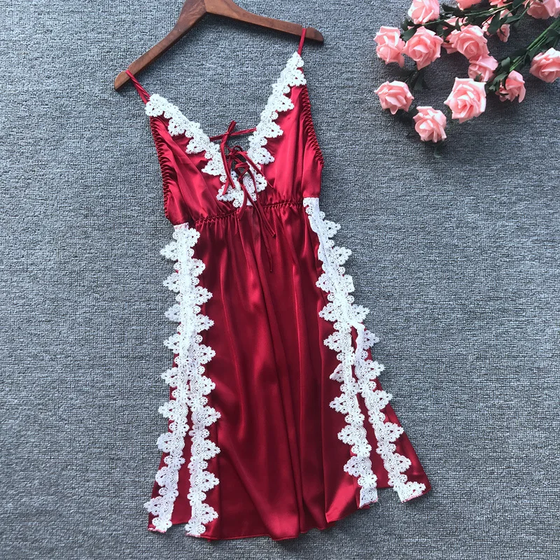 

Daeyard Sexy Silk Lingerie Lace Women Sleepwear Elegant Appliques Night Dress Nightgown Sexy High Split Nightwear Slim Homewear