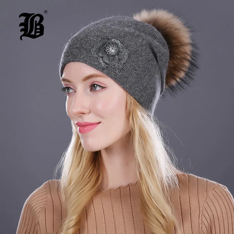 Women's Hats Mink Pom Poms Wool Rabbit Fur Knitted Skullies Winter Girls Beanies 