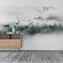 Туманный лес обои Летающая роспись в виде птиц для гостиной 3d настенные фрески фото обои природа туманные сосновые леса настенная роспись
