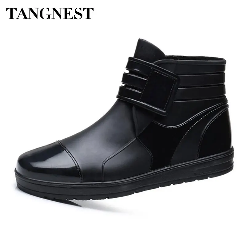 

Tangnest Summer Men PVC Ankle Boots NEW 2018 Casual Hook Loop Rain Boots For Male Waterproof Outdoor Flats Shoes Black XMX940