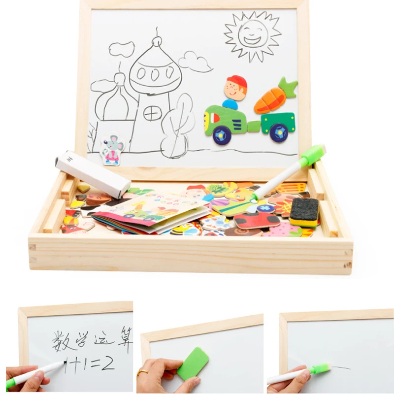 Educational Magnetic Puzzle Drawing Writing Board Wooden Easel Toy Kid Sketchpad