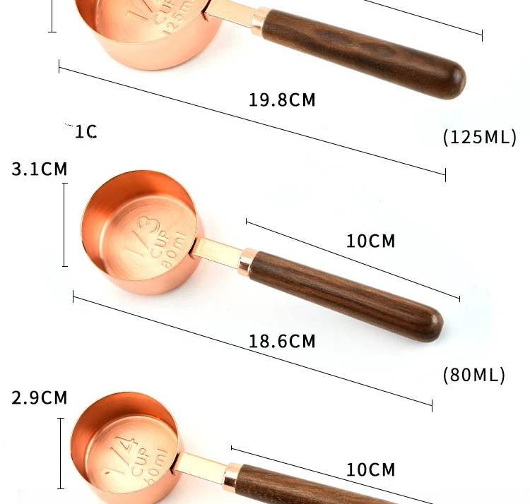 4 шт. мерный стаканчик из орехового дерева с ручкой из розового золота, инструмент для выпечки, мерная ложка, набор кухонных принадлежностей