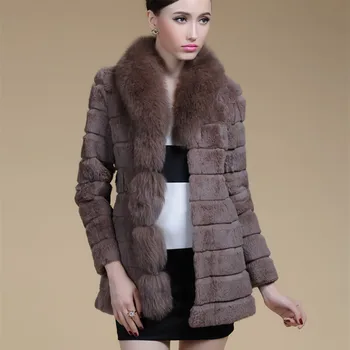 Online Herbst Und Winter Frauen Echte Echtem Kaninchenfell MĂ€ntel Fox-pelz-kragen Dame-Slim Oberbekleidung MĂ€ntel VF0173
