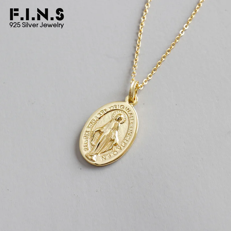

F.I.N.S S925 Sterling Silver Virgin Mary Coin Pendant Necklace Short Clavicle Necklace Chain Ornaments Silver Neckalce 925