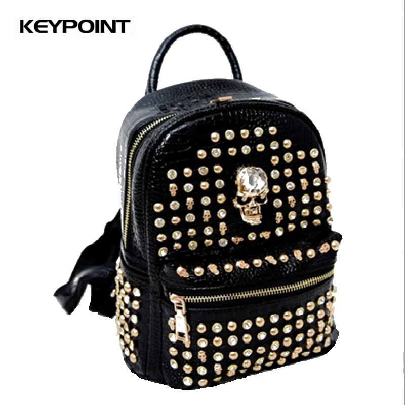 New Fashion Brand Women Bag PU Leather Crystal Studs Rivet Skull School
