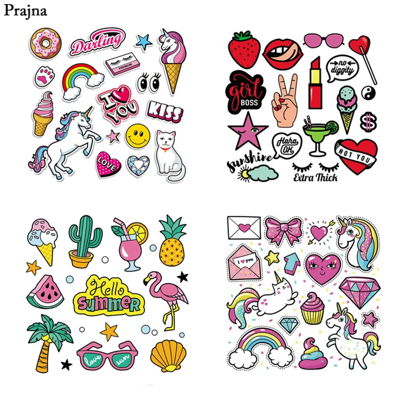 

Prajna Cartoon Unicorn Set Patches Baby Unicorn Kiss Cat Heat Transfers Owl Iron On Patches For Clothing DIY Dress Press Sticker