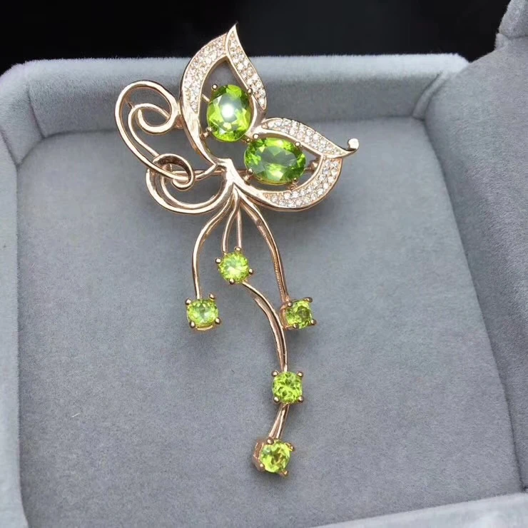  Mode grace papillon glands naturel vert péridot pendentif naturel olivine broche S925 argent femmes