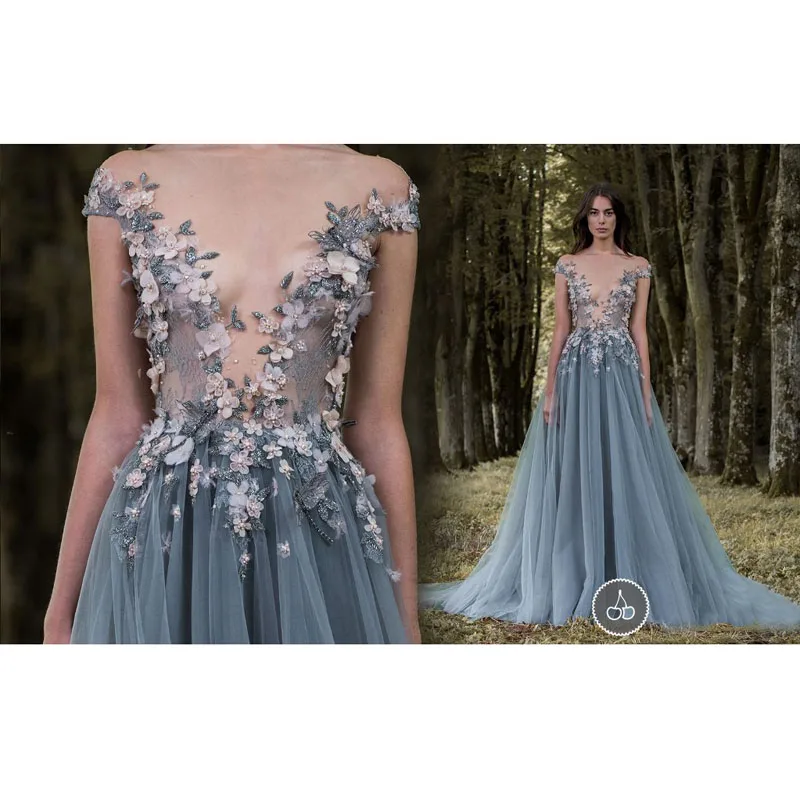 

Gorgeous Long Prom Gowns 2018 Sheer Neck Applique Elegant Event Party Dresses Cap Sleeve A-Line Formal Evening Gowns Custom