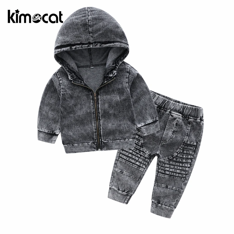Kimocat جديد وصول الخريف و ملابس علوية بأكمام طويلة للربيع الأطفال مقنعين متماسكة الدنيم دعوى الصبي مجموعة ملابس طفل رياضية مجموعات
