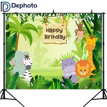 

DePhoto Jungle Safari Photo Background Animals Forest Photography Backdrop Baby Happy Birthday Party Theme Banner Decoration