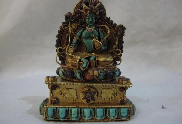 

song voge gem S0856 Tibet Buddhism Copper Gilt inlay turquoise ruby beryl Green TaRa Kwan-Yin Buddha