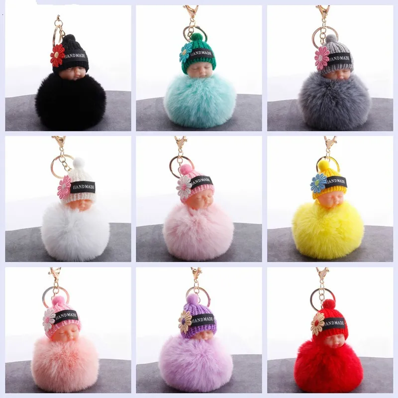 

Sleeping Baby Doll Keychain Flower Pompom Rabbit Fur Ball Key Chain Fluffy Car Keyring